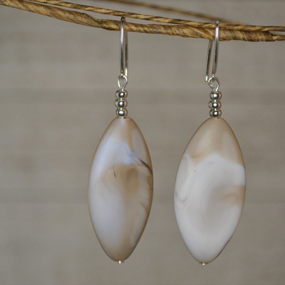 Ceramic Glass Statement Earrings Handmade Beige White Cream Swirled Marbled​​​​